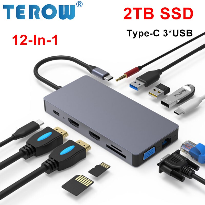 12-In-1 SSD 2 ׶Ʈ Type-C 丮 3 * USB 100wpd ŷ ̼ 4K  HDMI SD/TF ī/U ũ Ʈ º ȯ Pluy & Play